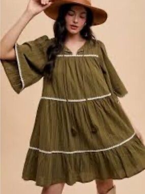 ANNIEWEAR cotton Woven tiered dress bell sleeve in green - trimmed in lace